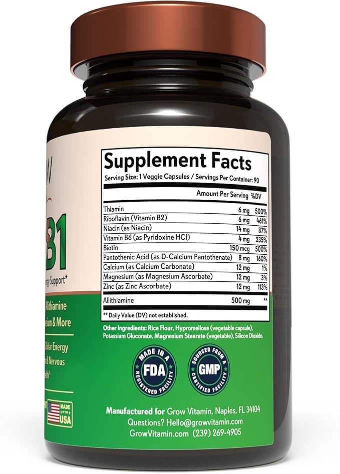 grow vitamin Beyond B1 Complex - Allithiamine Natural Vitamin B1 Supplement with Essential B-Vitamins, Thiamin, Niacin, Biotin, Magnesium & More - Supports Energy, Mood & Nervous System - 90 Capsules