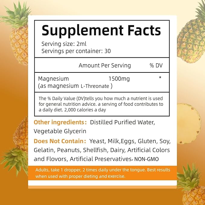 Magnesium L-Threonate Liquid Drops Restore Health Magnesium Levels Support Cardiovascular Promote Restful Sleep Relax Pineapple Flavor 60ml