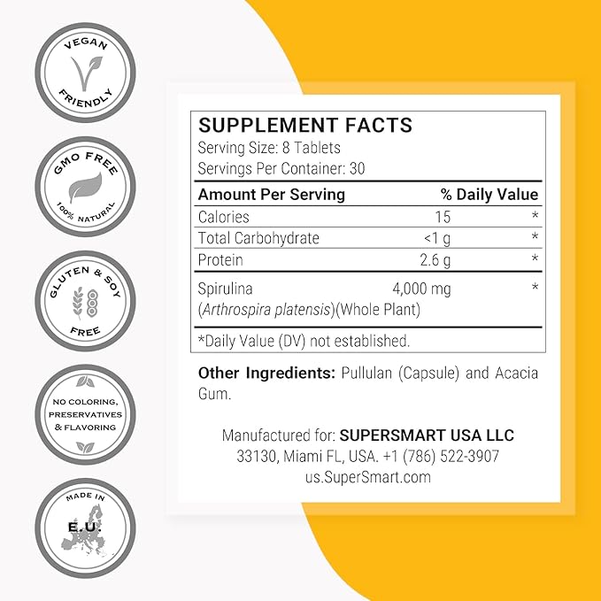 Supersmart - Spirulina 4000mg per Day (Easy-to-Take) - Blue Green Algae - Natural Vegan Friendly Superfood | Non-GMO & Gluten Free - 240 Tablets