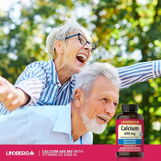 Lindberg Calcium Supplement | 600 mg | 100 Softgels | with Vitamin D3 2500 IU | for Women & Men | Quick Release Pills | Non-GMO, Gluten Free
