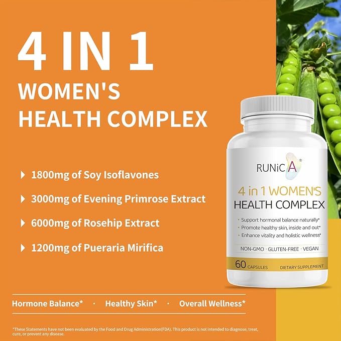 4-in-1 Women's Health Complex | Hormone Balance Vitamins for Women with Soy Isoflavones, Pueraria Mirifica, Evening Primrose, Rosehip | Perimenopause & Menopause Support, 60 Vegan Capsules