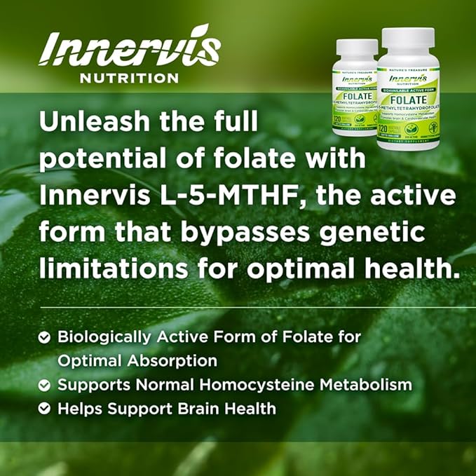 Bioavailable Active Form Folate L-5-MTHF BioActive Vitamin B9 Support Brain Health120 Vegetable Capsules Supplement