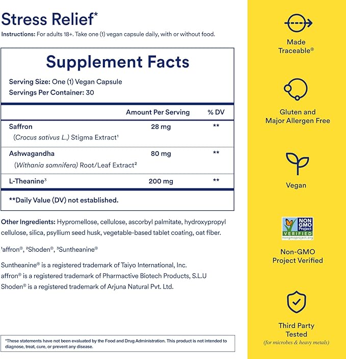 Ritual Stress Relief Supplement BioSeries with 8-Hour Release to Support Natural Cortisol Response and Promote Calm (Shoden® Ashwagandha, Suntheanine® L-Theanine, and Saffron as affron®*) 30 Day