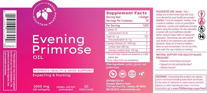 Mountain Meadow Herbs Evening Primrose Oil 1,000mg – Omega-6 Fatty Acids for Women’s Health, Supports Clear Skin & Hormonal Balance, Gluten-Free, Easy-to-Take Softgels (30 Count)