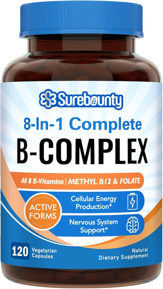 8-in-1 Vitamin B Complex Capsules for Women & Men, Super B Complex Vitamins, B12, B1, B2, B3, B5, B6, B9, Biotin, Folate, Methylated Forms, Energy, Nerve, Blood Support, 120 Caps
