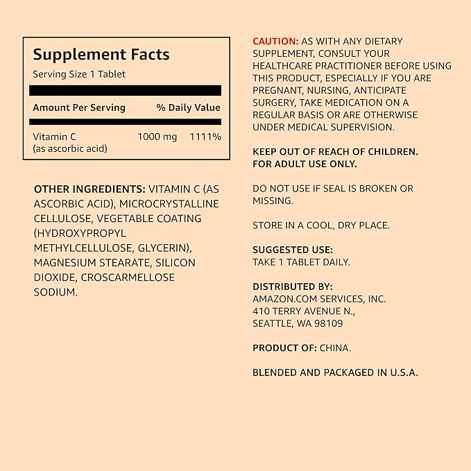 Amazon Elements Vitamin C 1000mg, Supports Healthy Immune System, Vegan, 300 Tablets, 10 Month Supply (Pack of 4)