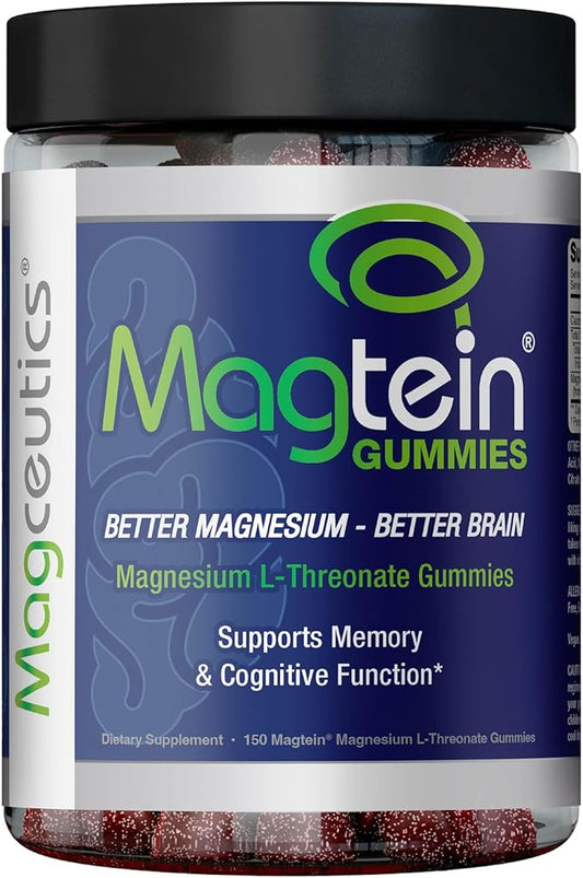 Magtein Gummies - Magnesium L-Threonate Gummies, Brain Support, Focus Supplement, Boost Memory & Cognitive Function - 150 Vegan Gummies