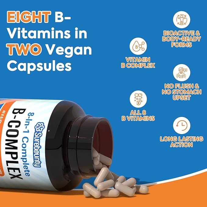 8-in-1 Vitamin B Complex Capsules for Women & Men, Super B Complex Vitamins, B12, B1, B2, B3, B5, B6, B9, Biotin, Folate, Methylated Forms, Energy, Nerve, Blood Support, 120 Caps