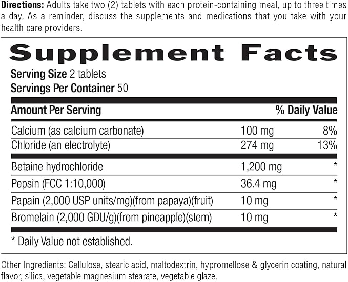 Country Life Betaine Hydrochloride with Pepsin, 600mg, 100 Tablets, Certified Gluten Free