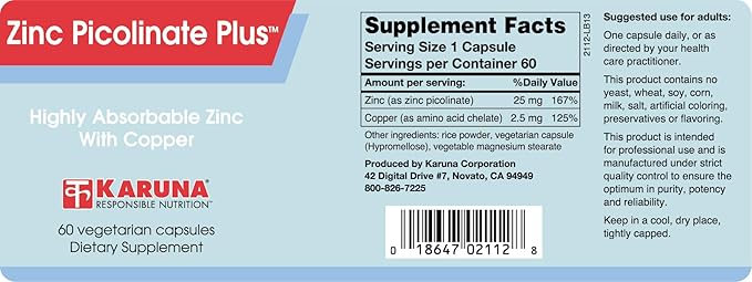 Karuna Health Zinc Picolinate Plus 60 Vegetarian Capsules | 25 MG Plus 2.5 MG Copper for BALACED Long Term USE | Supporting Immune Function, Skin Health, Development and Overall Well-Being.