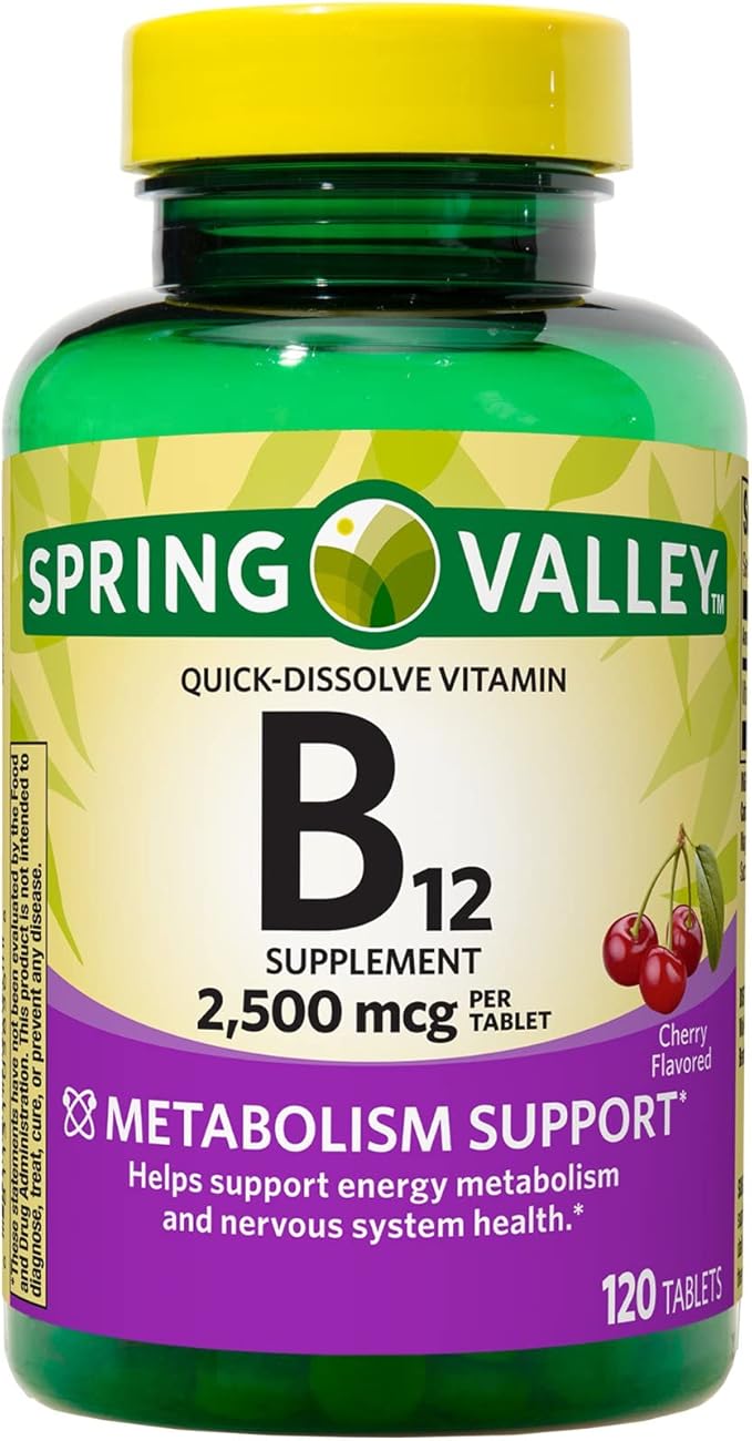 Spring Valley Vitamin B12 Quick-Dissolve Tablets Dietary Supplement | Vitamin B12 2500 mcg | B Vitamins | Vitamin B12 Complex for Women and Men | 120 Tablets Bundle with Lual's 45 Diabetes Decoded