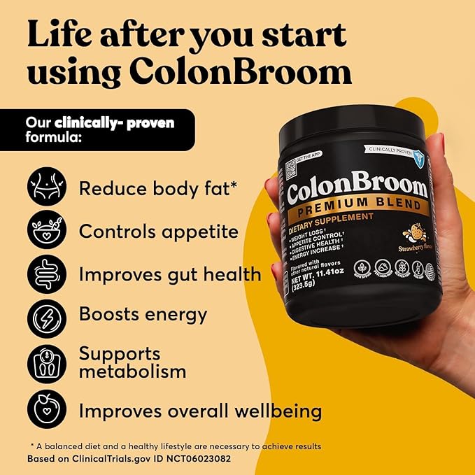 ColonBroom Premium Powder Supplement (Strawberry) - Colon Broom Psyllium Husk Fiber Powder Drink - Gluten Free, Non-GMO Colon Cleanse for Bloating Relief & Gut Health, 50 Servings