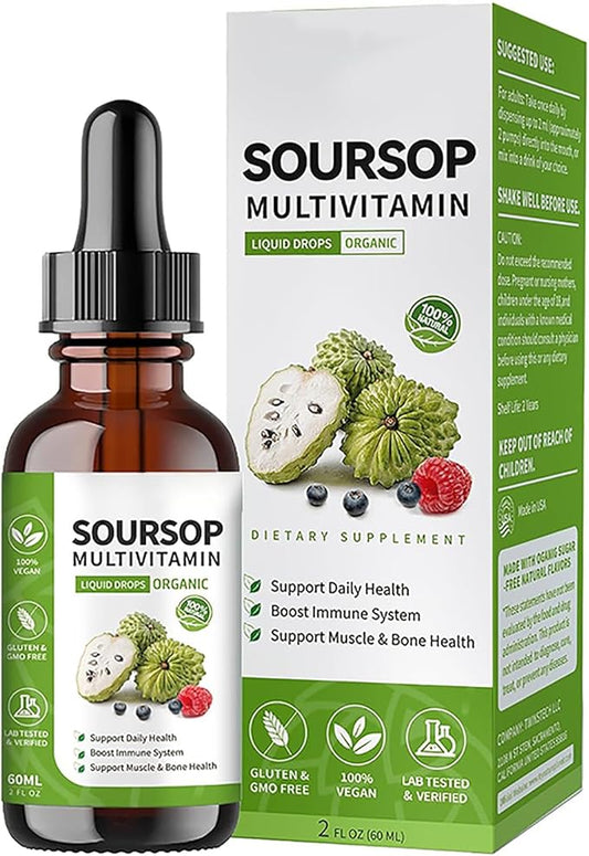 Soursop Bitters Liquid 2 Fl Oz, Soursop Graviola Leaf Extract Liquid Drop, Soursop Multivitamin Liquid Drops Organic for Cell Support, Immune System, Relax
