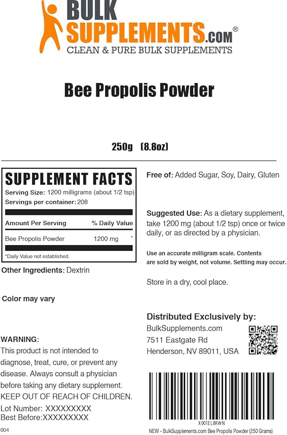 BulkSupplements.com Bee Propolis Powder - Bee Propolis Supplement, Superfood Supplement - Natural & Gluten Free, 1.2g per Serving, 250g (8.8 oz) (Pack of 1)