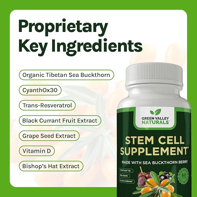 Stem Cell Supplement - Organic Tibetan Sea Buckthorn-Resveratrol, Vitamin D, Bishop's Hat Extract (1 Bottle, 60 Count)