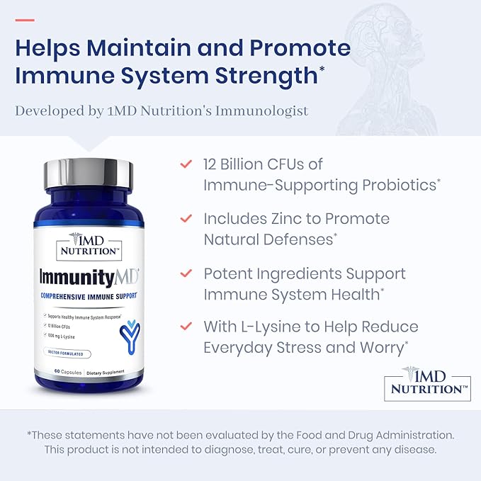 1MD Nutrition ImmunityMD - Immune Health Probiotic | Potent, Doctor-Selected Probiotic Strains with Prebiotic - Promote Overall Immune System Strength, Reduce Everyday Stress | 60 Capsules (2 Pack)