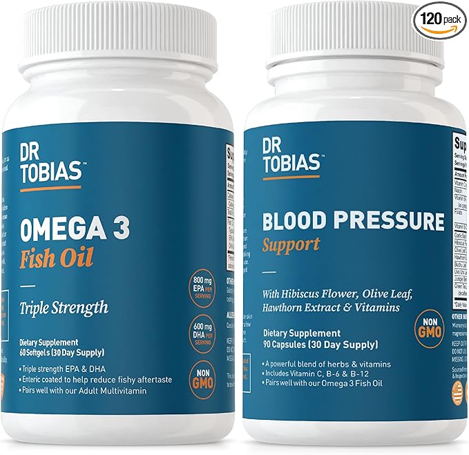 Dr. Tobias Omega 3 Fish Oil & Blood Pressure Support Supplements for Heart, Brain, Immune, Circulatory Health, with Vitamin C, B6, B12, Niacin, Folate & Herbs