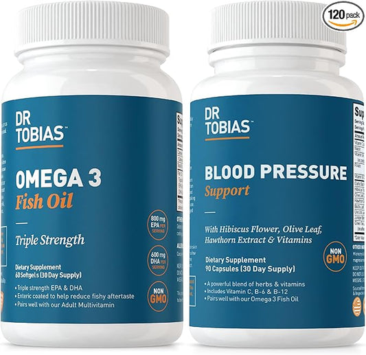 Dr. Tobias Omega 3 Fish Oil & Blood Pressure Support Supplements for Heart, Brain, Immune, Circulatory Health, with Vitamin C, B6, B12, Niacin, Folate & Herbs