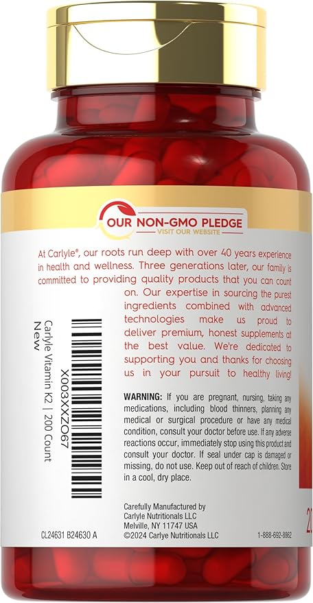 Carlyle Vitamin K2 MK7 Supplement | 100 mcg | 200 Vegan Capsules | Menaquinone-7 | Non-GMO, Gluten Free