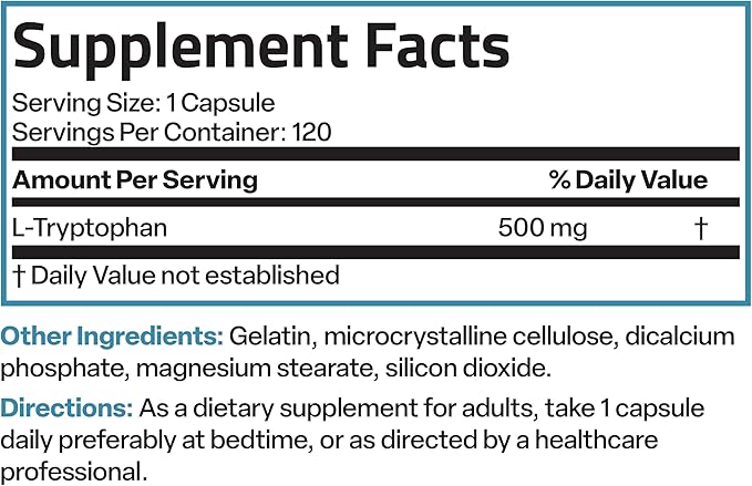 Bronson L-Tryptophan 500 MG High Potency Essential Amino Acid Supports Relaxation & Positive Mood Support Non-GMO, 120 Capsules