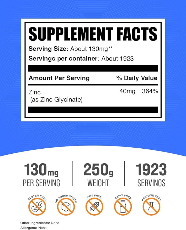 BulkSupplements.com Zinc Glycinate Powder - Zinc Supplement, for Immune Support - Gluten Free, 130mg per Serving, 250g (8.8 oz) (Pack of 1)