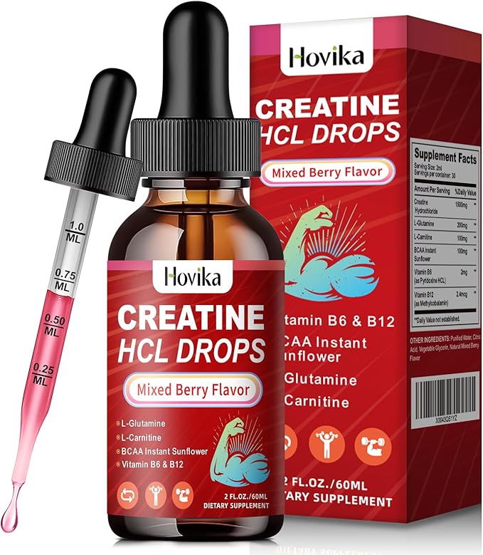 Creatine HCL Liquid Drops for Men & Women, Creatine Hydrochloride with L-Carnitine, L-Glutamine, BCAA, Vitamin B12 & B6 for Muscle Growth & Recovery-Vegan, Mixed Berry Flavor Flavor, 2 Fl Oz