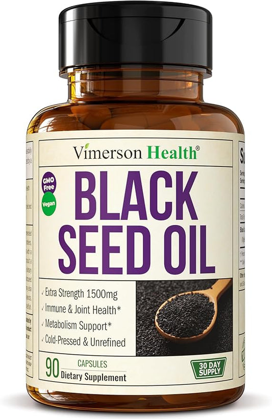 Black Seed Oil Capsules | Cold Pressed Blackseed Oil. Provides Vitamin E & Omega 3 6 9. High Potency (1500mg) for Immune Support, Antioxidants, Digestion, Hair Skin and Nails. Vegan. Non-GMO. 90 Caps
