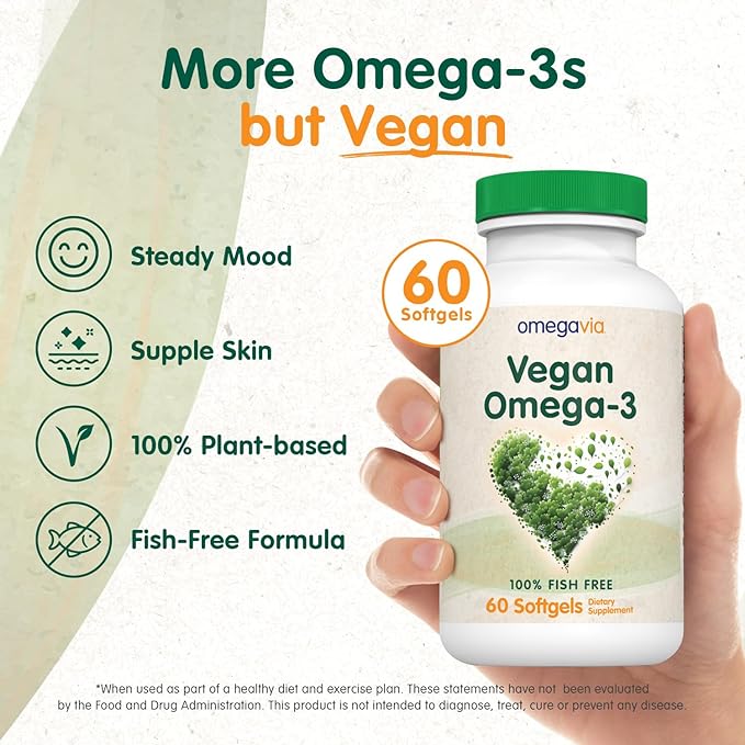 OmegaVia Vegan Omega 3 Supplement, Algae Omega 3 Fish Oil Alternative, 300mg Vegan DHA Fatty Acids, Plant Based, Planet and Ocean Friendly, IAOS 5 Star Tested, 60 Softgels