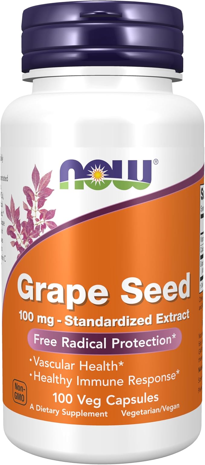 NOW Foods Supplements, Grape Seed 100 mg - Standardized Extract, Highly Concentrated Extract with a Minimum of 90% Polyphenols, with Vitamin C, 100 Veg Capsules