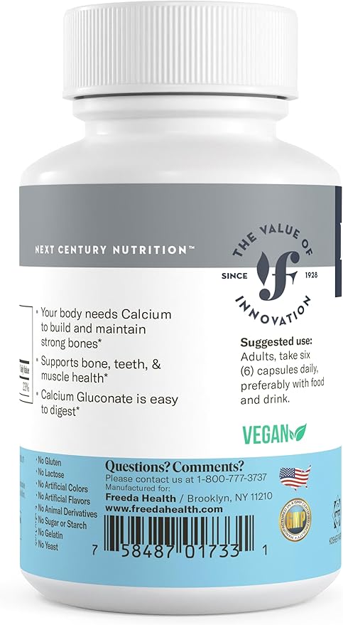 Freeda Calcium Gluconate – Kosher Vegan Calcium Supplement – Easy to Digest & Absorb – Supports Bone Strength – Pure Calcium Without Vitamin D – (500 Capsules)