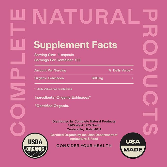 Complete Natural Products Organic Echinacea Root Capsules & Purpurea Root Dried Powder Extract - 600mg 100 Veggie Pills Healthy Herbal Support