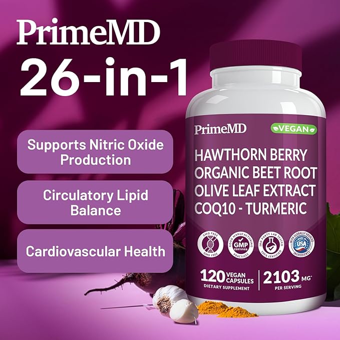 26-in-1 Nitric Oxide Supplement - Blood Pressure Supplements for Heart Health with Coq 10, Organic Beet Root Capsules with Hawthorn Berry and Garlic, 2103mg Per Serving (120 ct, 2 Pack)
