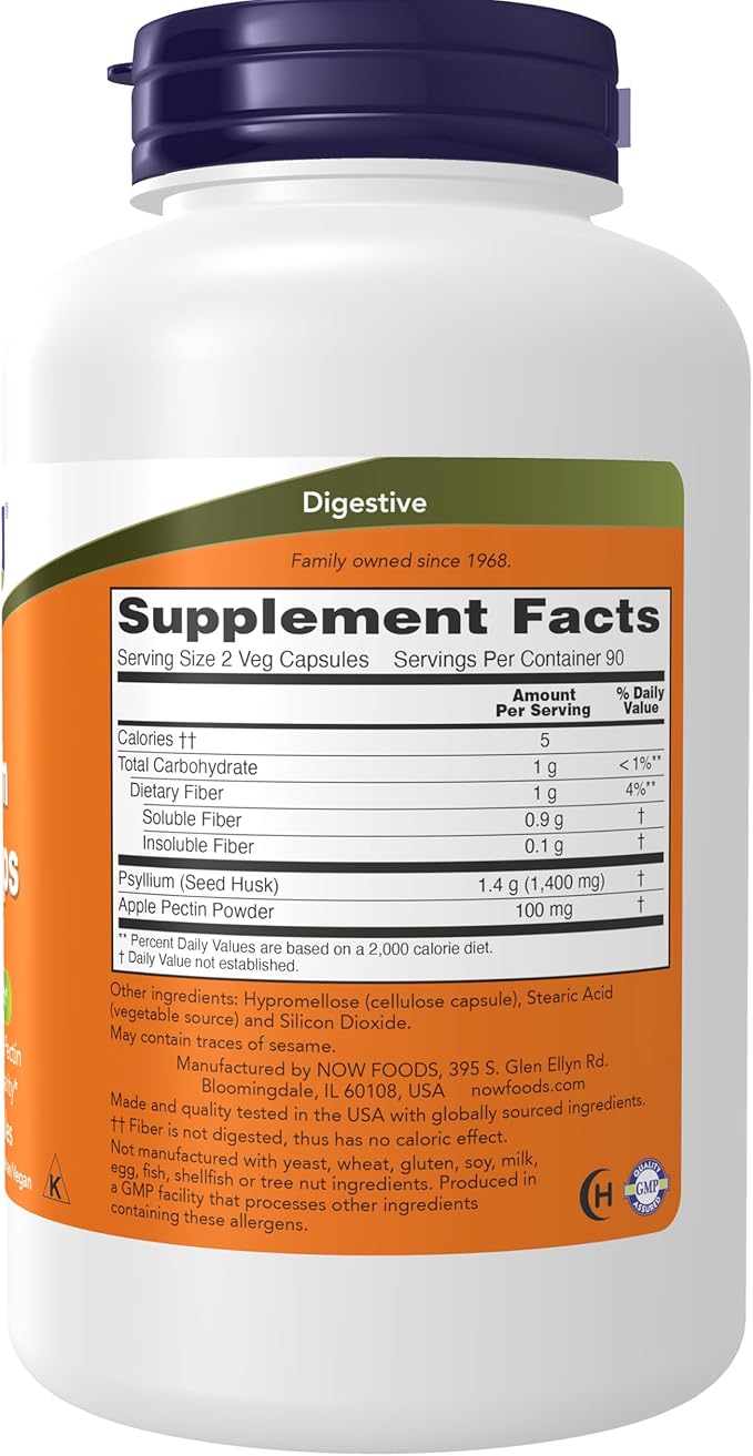 NOW Foods Supplements, Psyllium Husk Caps 700 mg with 50 mg of Apple Pectin, Intestinal Health*, 180 Veg Capsules
