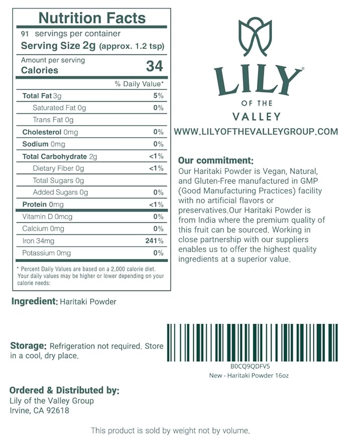 Lily of the Valley Haritaki Powder - Terminalia Chebula - Sourced from India - An Ayurvedic Herb - 100% Natural &No Added Preservative - Vegan & Gluten-Free (16oz, 453g)- Package May Vary