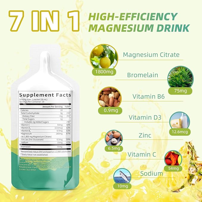 Magnesium Citrate Drink Supplement,Magnesium Drink/Oral Solution with Bromelain,Vitamin,Zinc and Sodium for Zzz and Gut Support