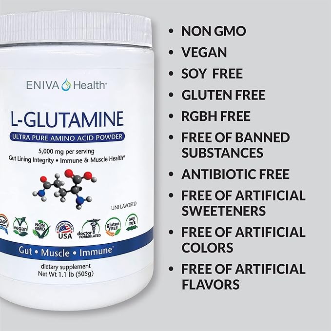 Eniva Health L-Glutamine Pure Powder, Unflavored (101 Servings) | Vegan, Gluten-Free, Sugar-Free, Non-GMO | Doctor-Formulated, USA Made | Gut Health, Leaky Gut, Bloating, Muscle Health, Immune System