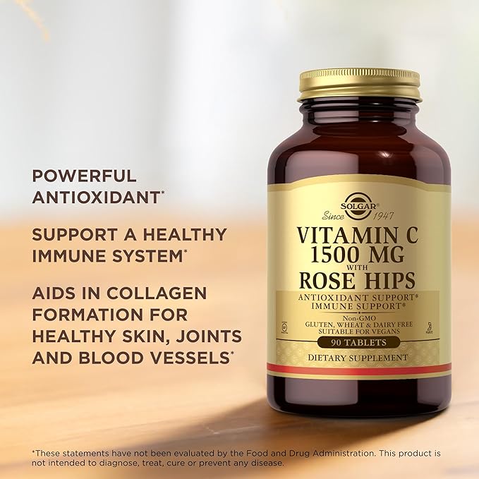 Solgar Vitamin C 1500 mg with Rose Hips - 90 Tablets - Antioxidant & Immune Support - Non-GMO, Vegan, Gluten Free, Dairy Free, Kosher - 90 Servings