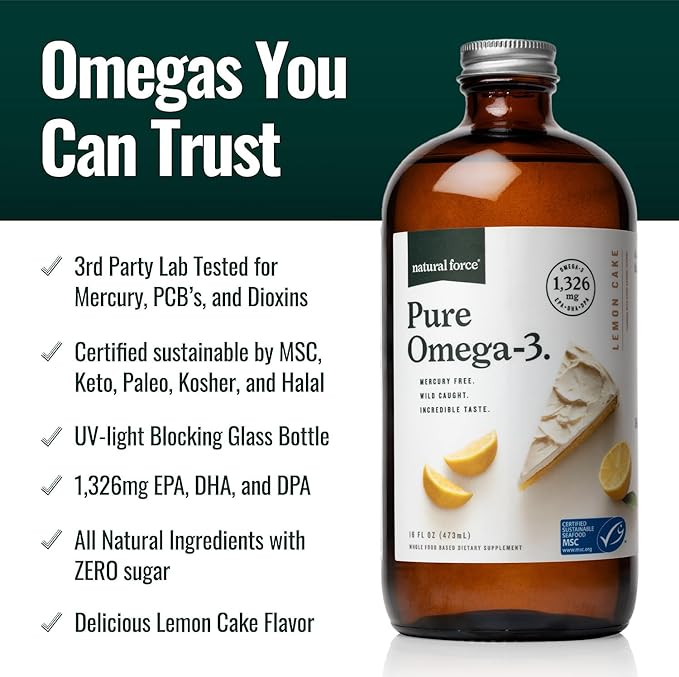 Natural Force Pure Omega 3 - Liquid Fish Oil - Delicious Lemon Cake Flavor - Mercury Free, Wild Caught, Lab Tested - 1,326 mg Triglyceride EPA, DHA, & DPA - 16 Oz Glass Bottle