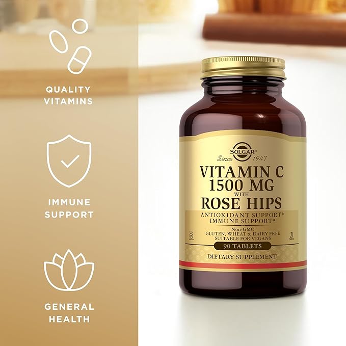 Solgar Vitamin C 1500 mg with Rose Hips - 90 Tablets - Antioxidant & Immune Support - Non-GMO, Vegan, Gluten Free, Dairy Free, Kosher - 90 Servings