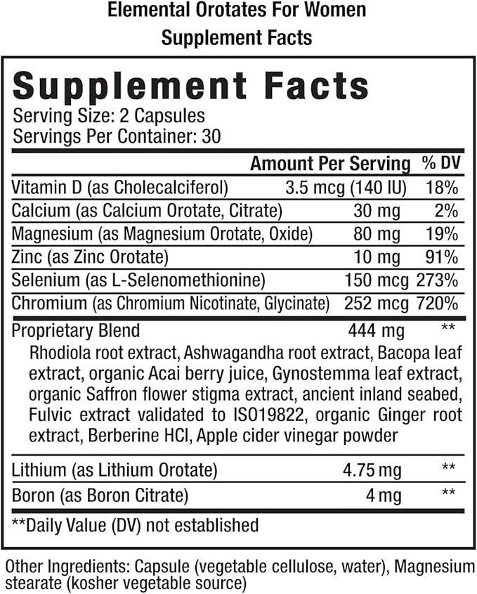 MARS VENUS Supplement with Lithium Orotate Ashwagandha Saffron Berberine Rhodiola Bacopa Fulvic Minerals - Elemental Orotates Capsules for for Women - 60 Count