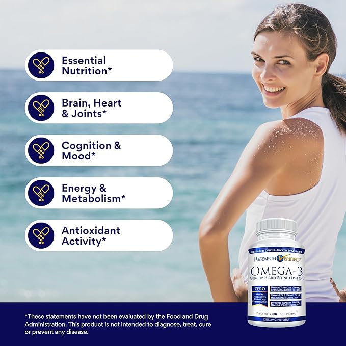 Research Verified Omega 3-1800mg Omega 3 Fish Oil - High 900mg EPA + 600mg DHA - No Aftertaste - 60 Softgel Capsules - 3 Bottles