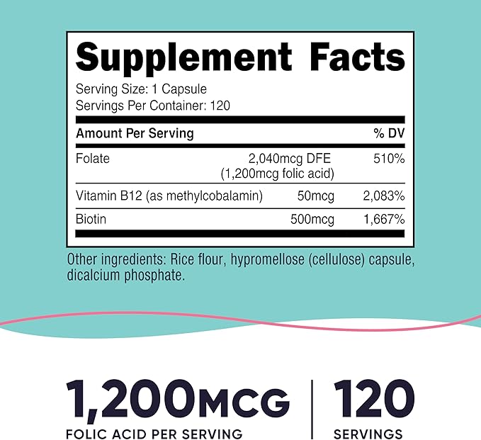 Nutricost Folic Acid for Women (Vitamin B9) 1200 mcg, 120 Capsules, with B12 and Biotin, Veggie Caps, Non-GMO & Gluten Free