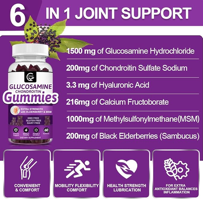 Glucosamine Chondroitin Gummies with MSM & Elderberry Extra Strength - Flexibility Support, Antioxidant Immune Support Supplement for Adults, Men & Women - 60 Chondroitin Gummies (2 Pack)