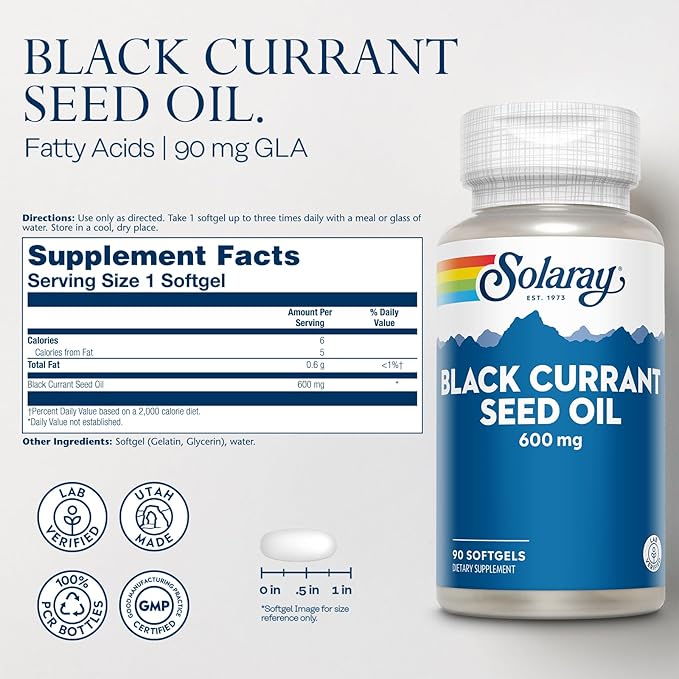 SOLARAY Black Currant Seed Oil 600 mg - Supplying Antioxidants, Gamma Linolenic Acid (GLA), Alpha Linolenic (ALA) and Linoleic Acid (LA) - Skin Health Support - 60-Day Guarantee, 90 Serv, 90 Softgels