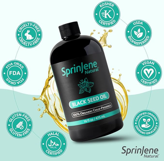 SprinJene Naturalยฎ 100% Pure Organic Black Seed Oil Cold Pressed for Oral Wellness, Nigella Sativa Black Seed Oil, Black Cumin Seed Oil Organic, Omega 3 6 9, Nourishes Skin, Supports Joint, 16 fl oz