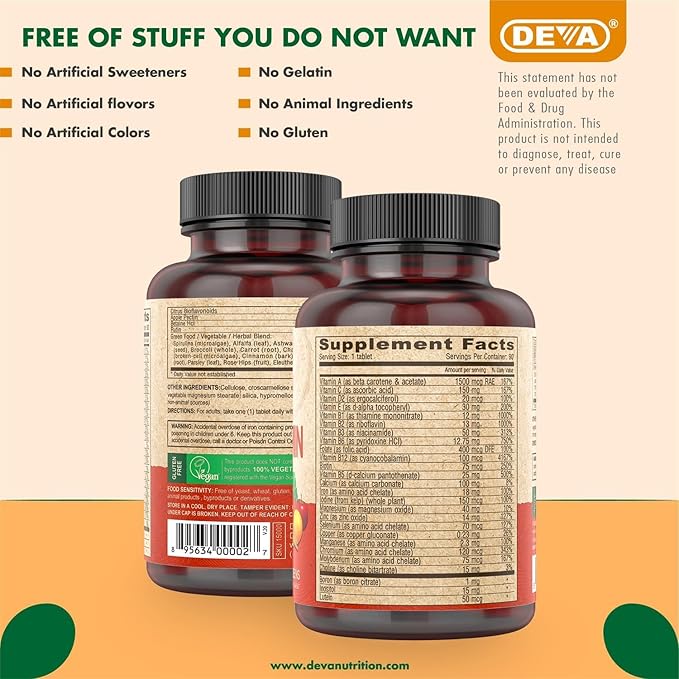 DEVA Vegan Multivitamin & Mineral Supplement with Iron 2-Pack, Spirulina, Chlorella, Ashwagandha, Broccoli & More, 90 Coated Tablets Each
