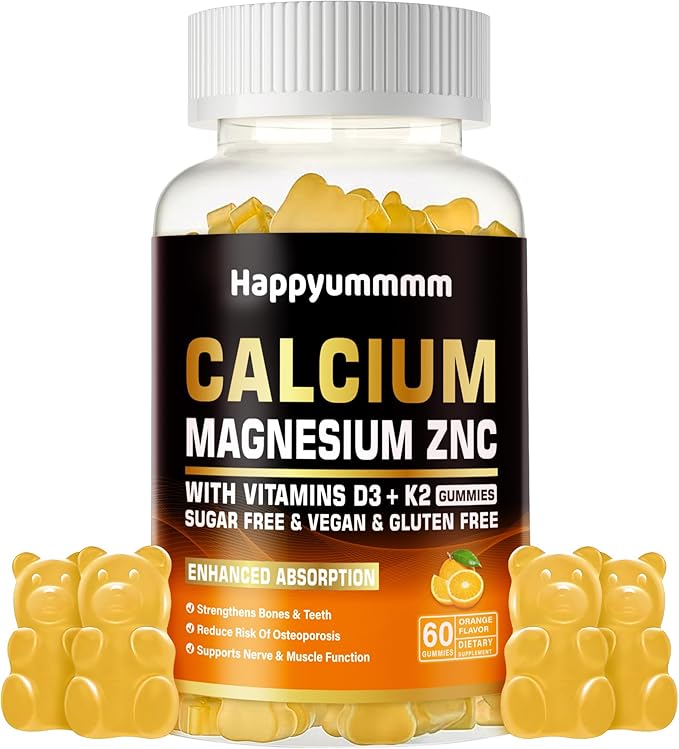 Calcium Magnesium Zinc Gummies with Vitamin D3 & K2 - High Potency Enhanced Absorption -60 Orange Gummies Flavored.