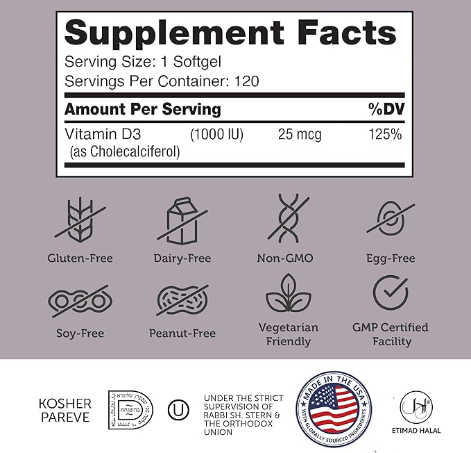 Zahler - Advanced Vitamin D3 1000 IU Softgels (120 Count) Kosher Vegetarian Friendly Vitamin D for Immune Support, Bone, Teeth & Muscle Health - Easy Swallow VIT D 3