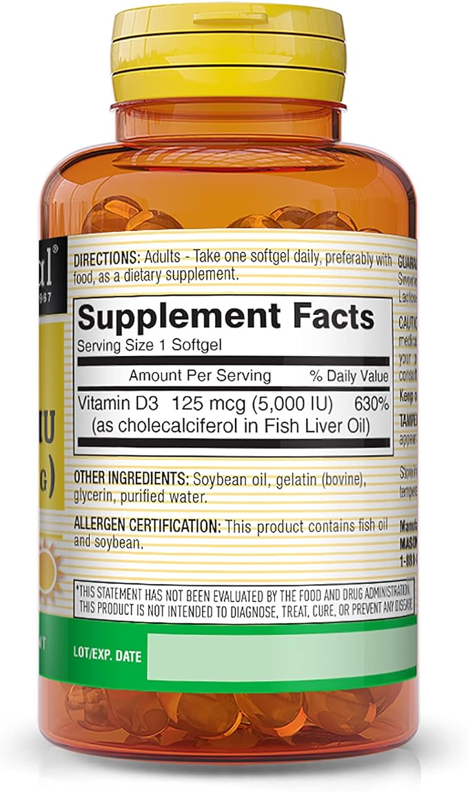 MASON NATURAL Vitamin D3 125 mcg (5000 IU) - Supports Overall Health, Strengthens Bones and Muscles, from Fish Liver Oil, 50 Softgels (Pack of 2)