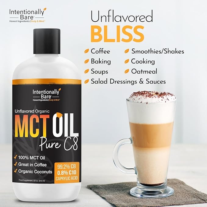 Intentionally Bare Pure C8 MCT Oil Organic - Brain Octane C8 MCT Oil for Clean Energy, Keto Paleo and Vegan Diet - Unflavored Brain Octane for Coffee, Shakes and Salads - Coconut MTC 16oz